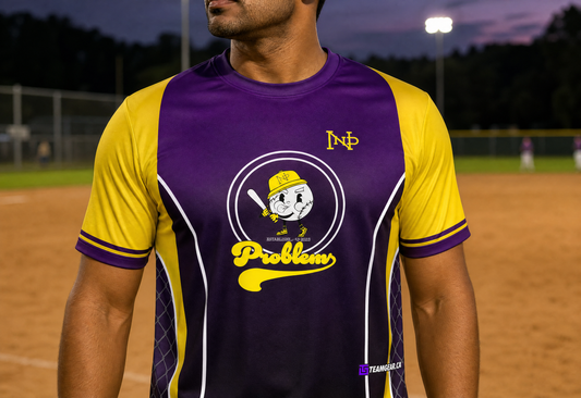 99 Problems Yellow Softball Jersey — custom softball jersey worn on model — TeamGear Canada