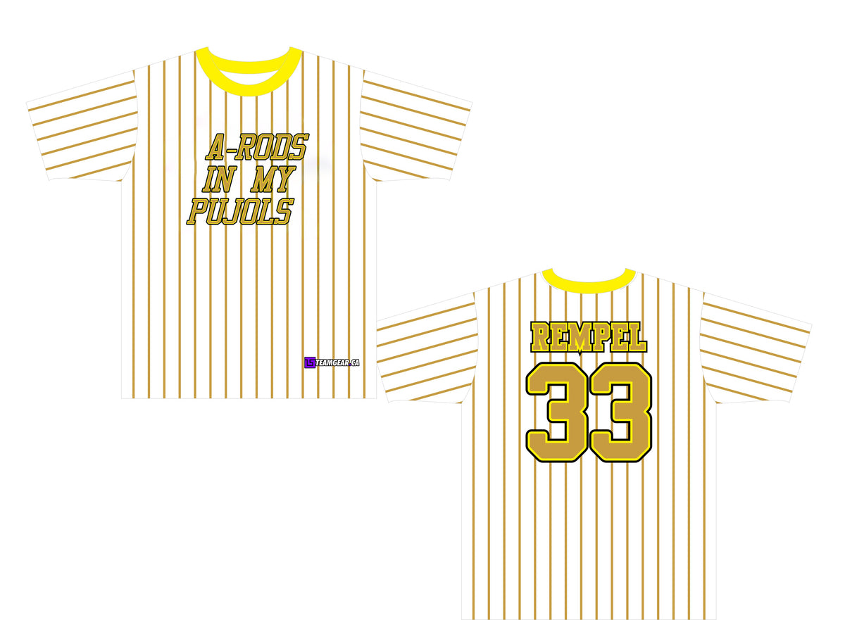 A-Rods In My Pujols jerseys with yellow pinstripes on a white background