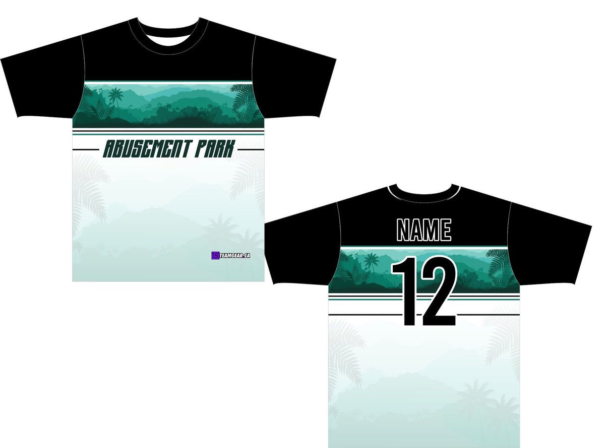 jersey design with 'Abusement Park' text and green palm tree graphics on a white background