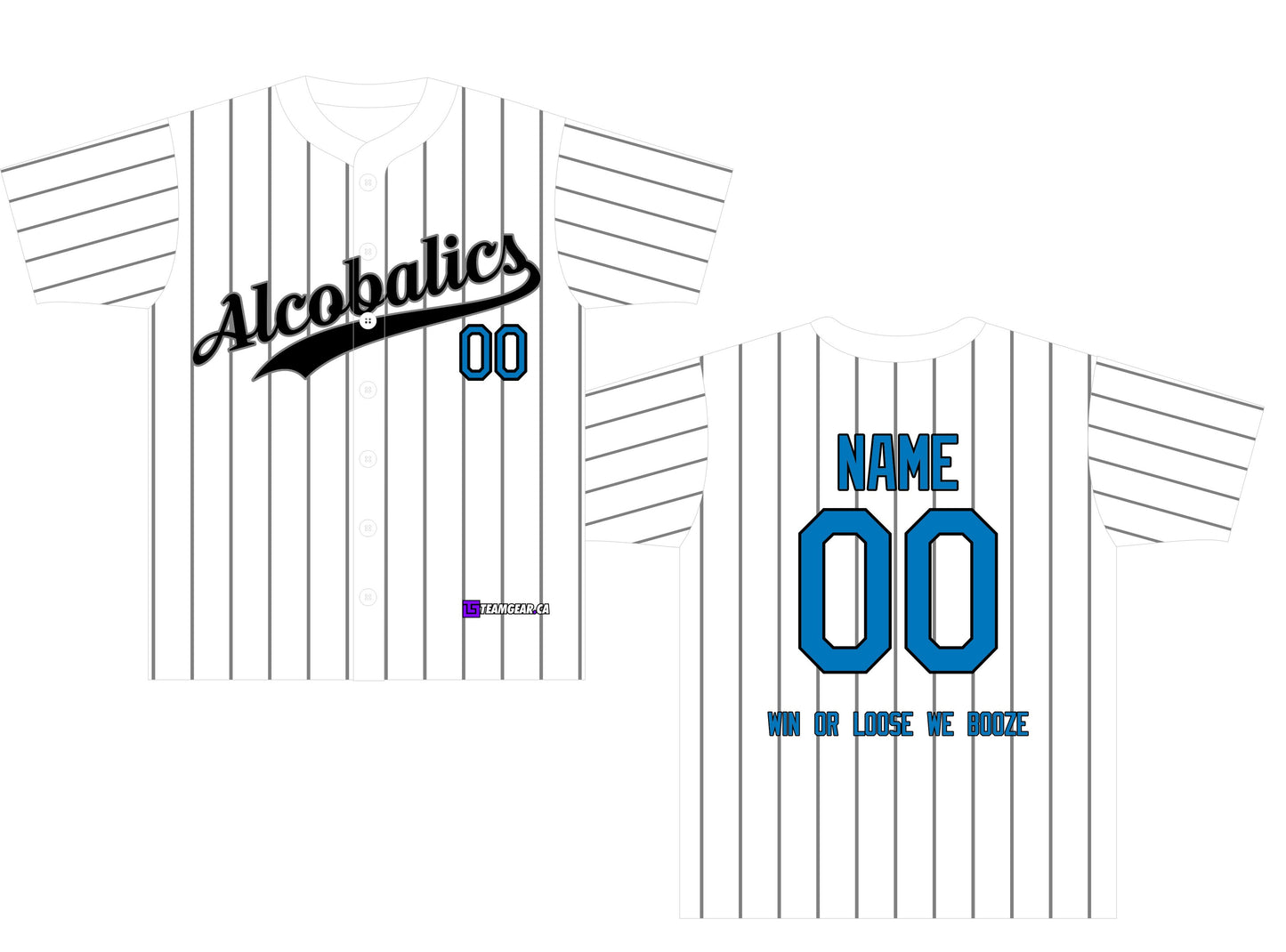 Alcobalics White Pinstripe Baseball Jersey with name and number on the back