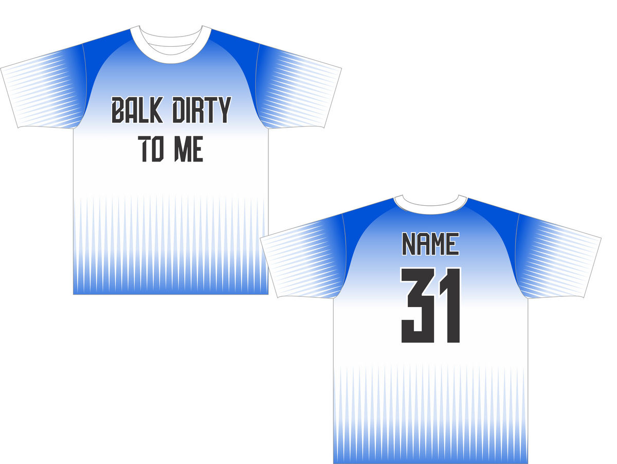 white and blue striped Balk Dirty To Me team softball jerseys