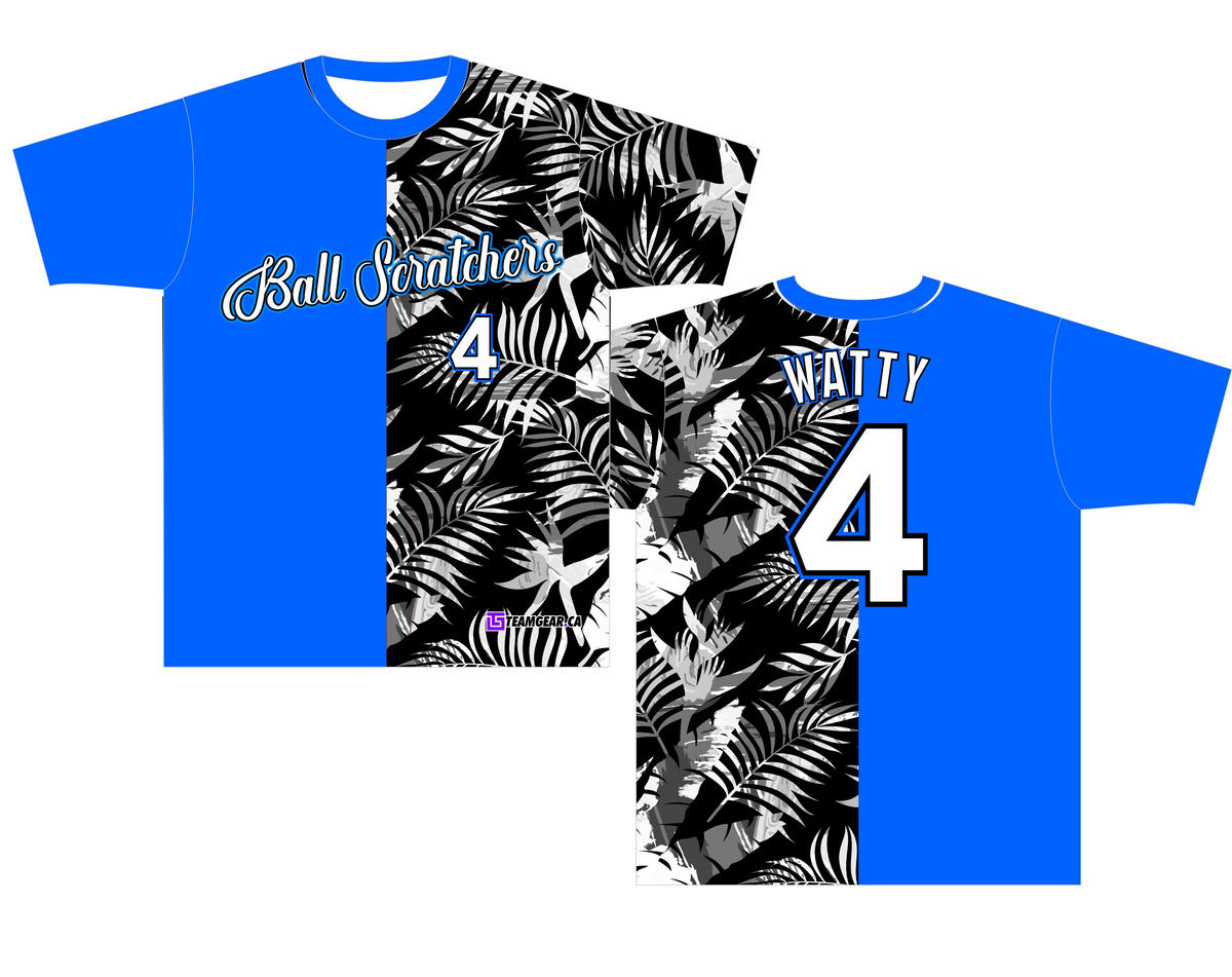 black and blue Ball Scratchers softball jerseys with a split design down the middle