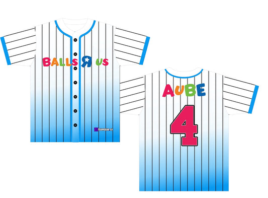 white and blue pinstripe Balls R Us baseball jerseys with buttons down the front