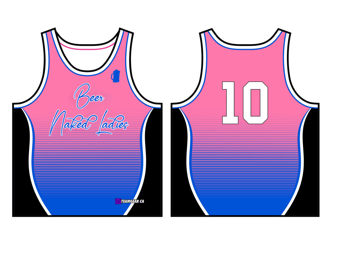 pink and blue Beer Naked Ladies team softball jerseys in a tank top style