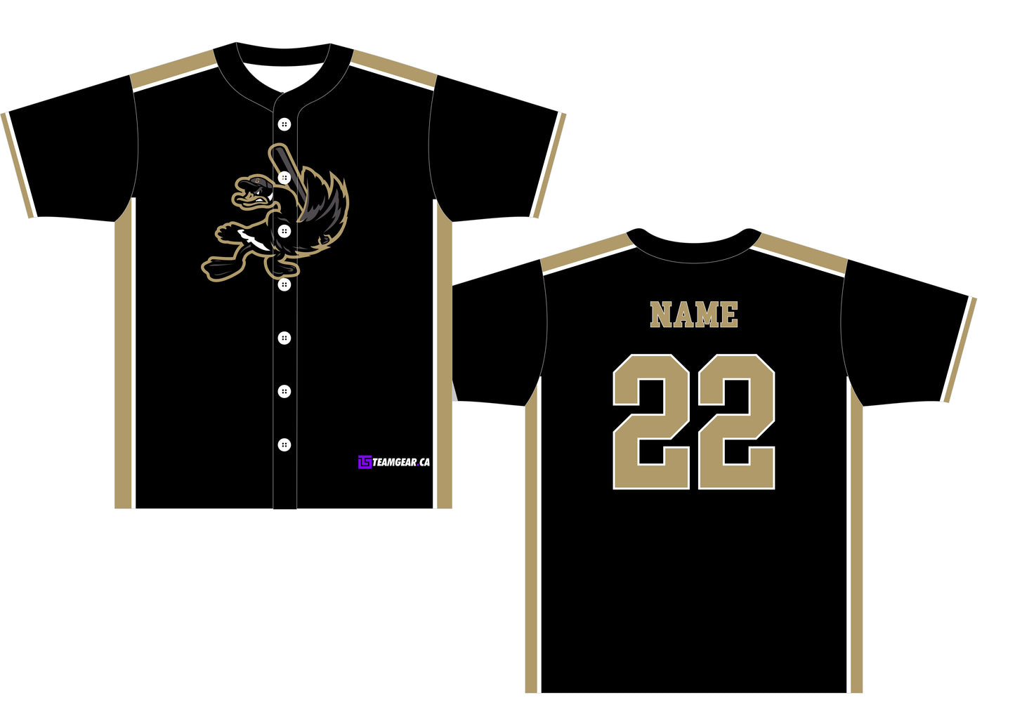 Black Geese Baseball Jersey with gold lines and large back numbers