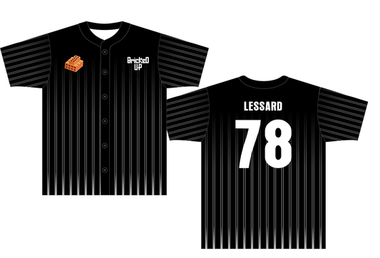 black and white pinstripe Bricked Up baseball jerseys with buttons down the front
