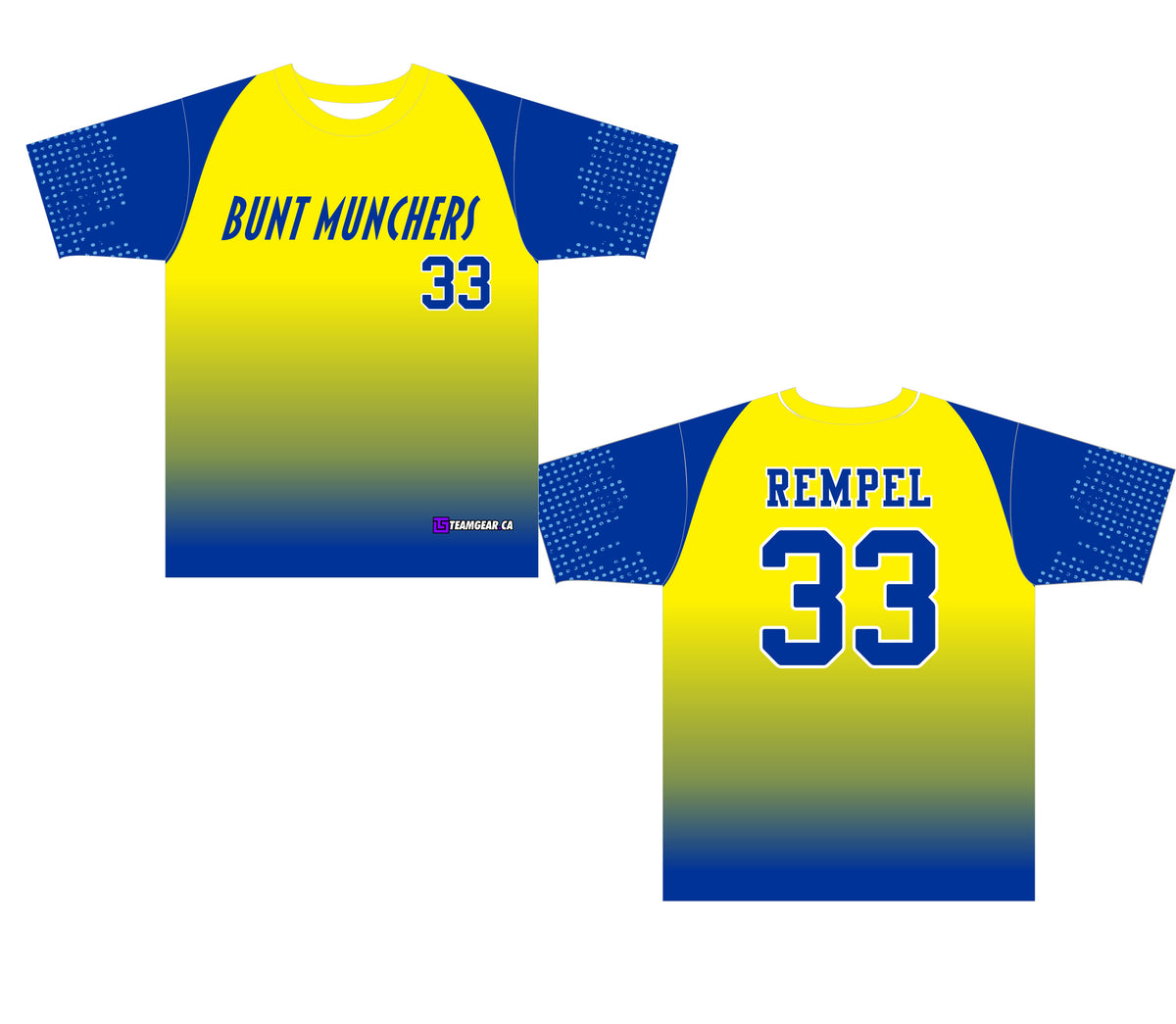yellow and blue gradient Bunt Munchers team softball jerseys