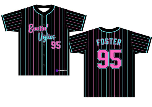 black pinstripe Buntin' Uglies baseball jerseys with blue and pink stripes
