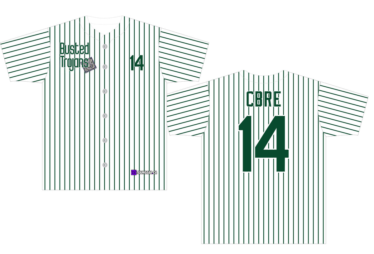 white and green pinstripe Busted Trojans baseball jerseys with buttons down the front