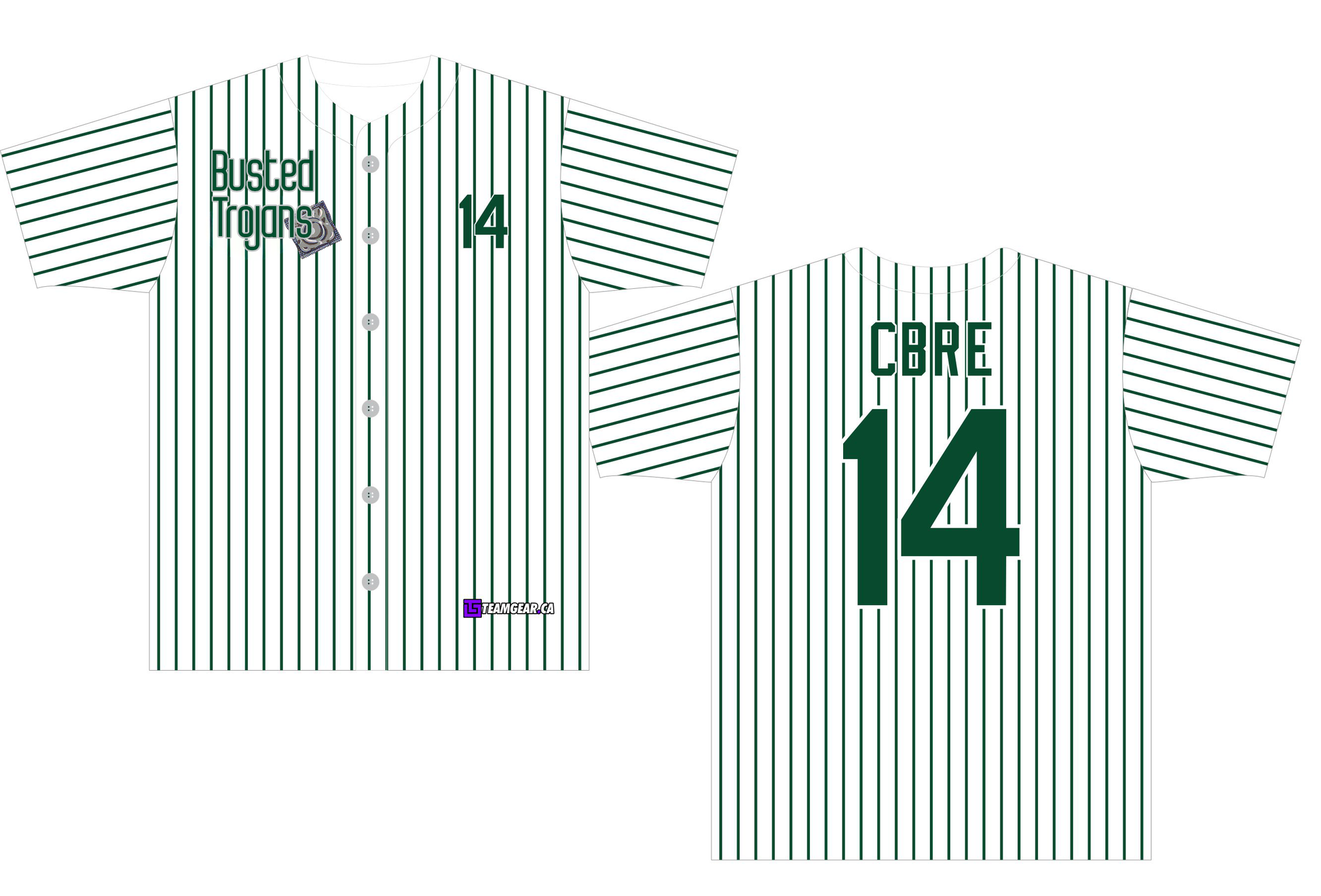 white and green pinstripe Busted Trojans baseball jerseys with buttons down the front