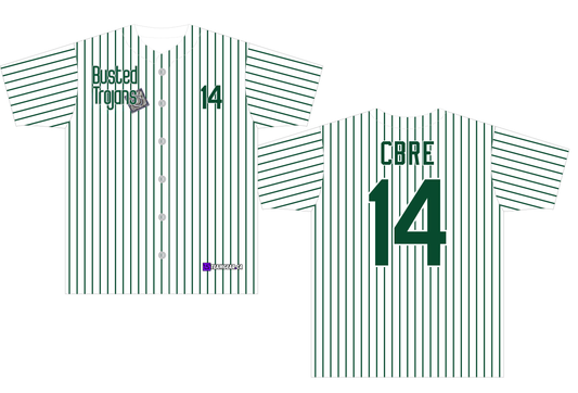 white and green pinstripe Busted Trojans baseball jerseys with buttons down the front