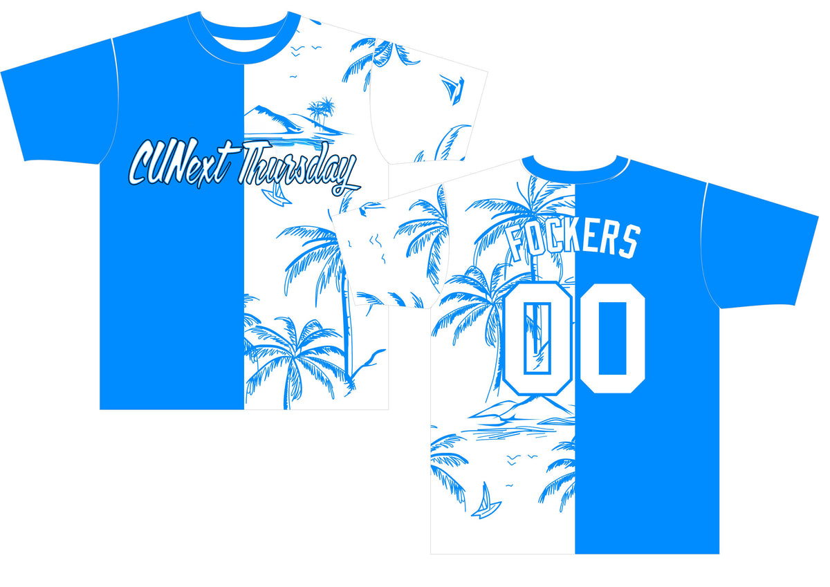 white and blue CUNext Thursday softball jerseys with a split design down the middle