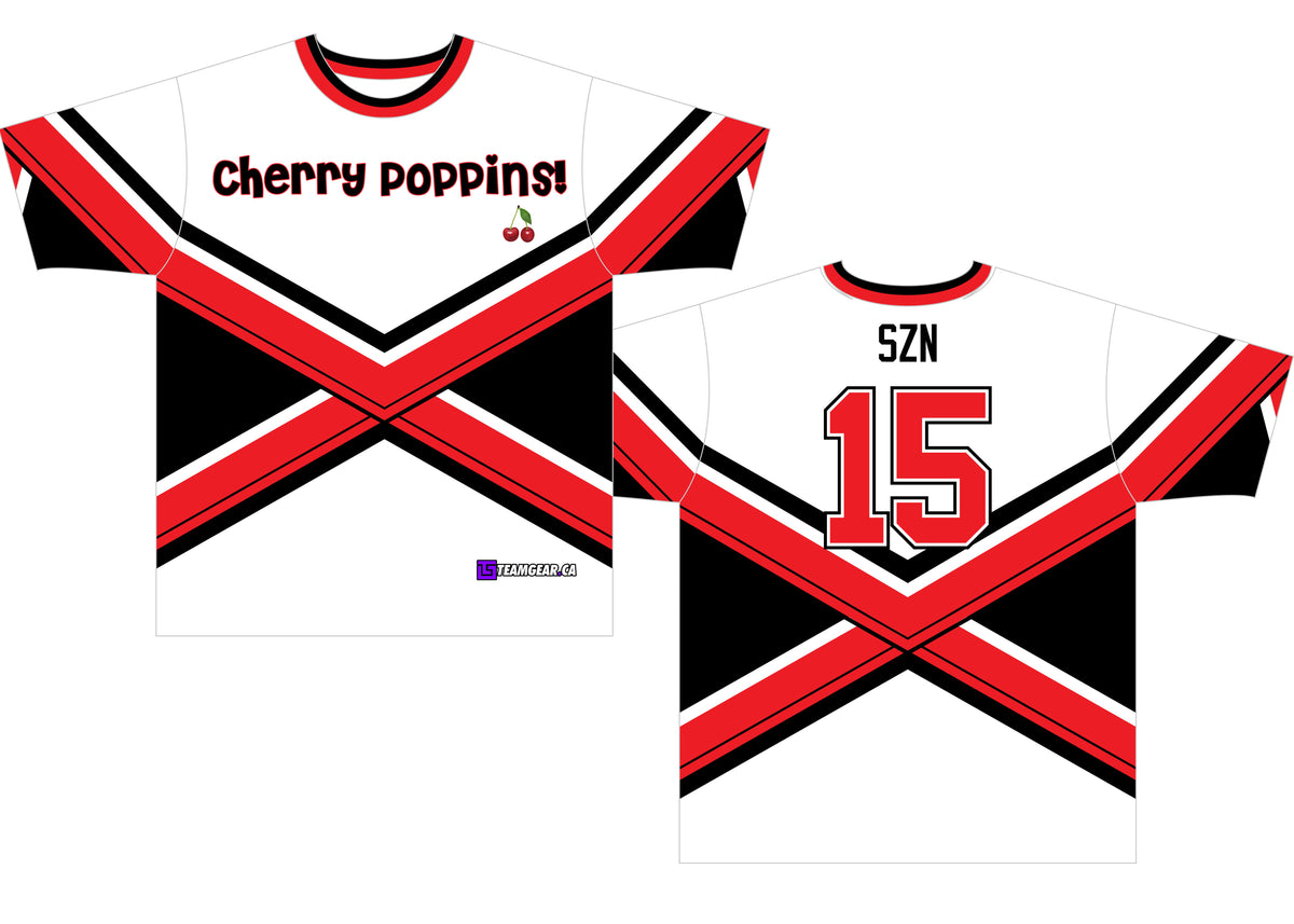 Cherry Poppins team softball jerseys on a white background with red and black criss cross designs