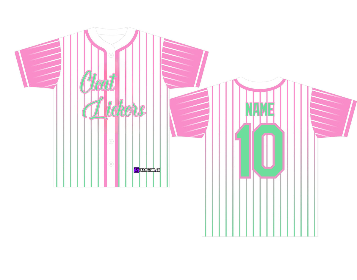 pink and green pinstripe Cleat Lickers baseball jerseys with gradient design