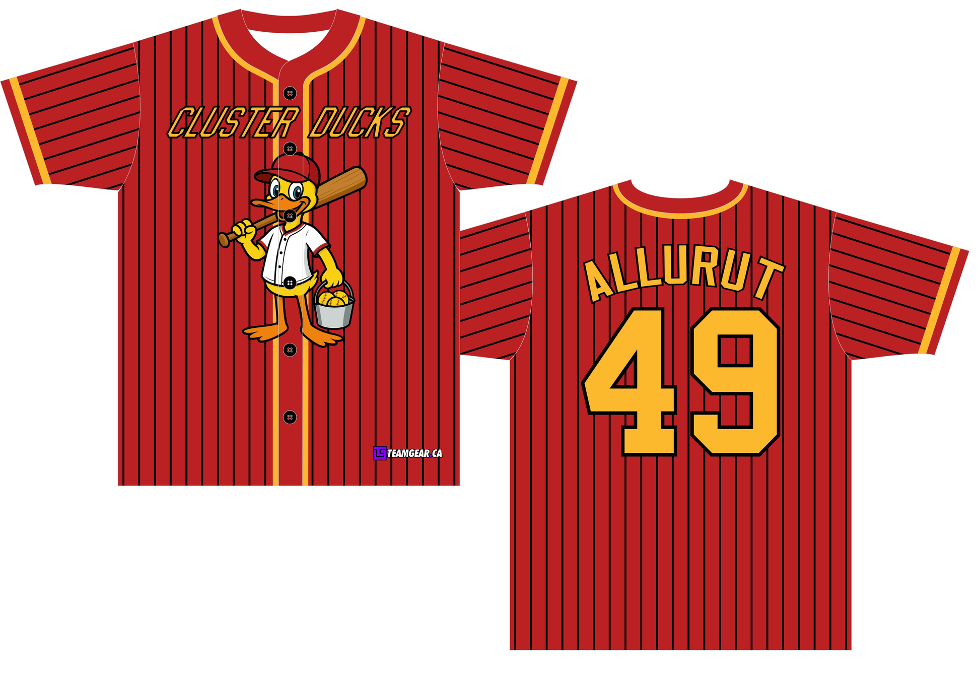 red pinstripe Cluster Ducks baseball jerseys with buttons down the front