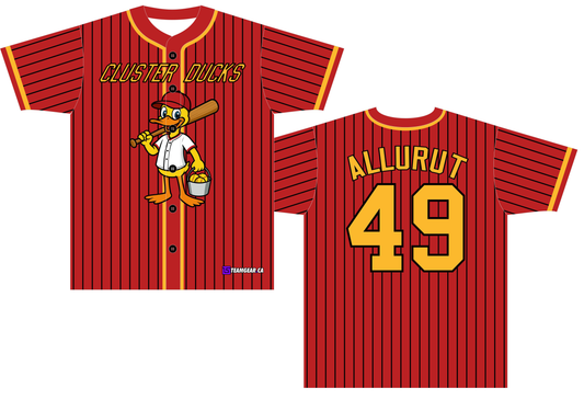 red pinstripe Cluster Ducks baseball jerseys with buttons down the front
