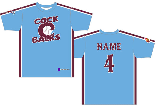 powder blue Cock Balks team softball jerseys with red team name and numbers