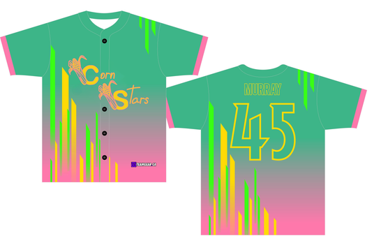 green and pink Corn Stars baseball jerseys with buttons down the front