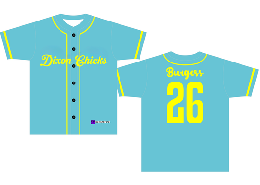 blue and yellow Dixon Chicks baseball jerseys with buttons down the front