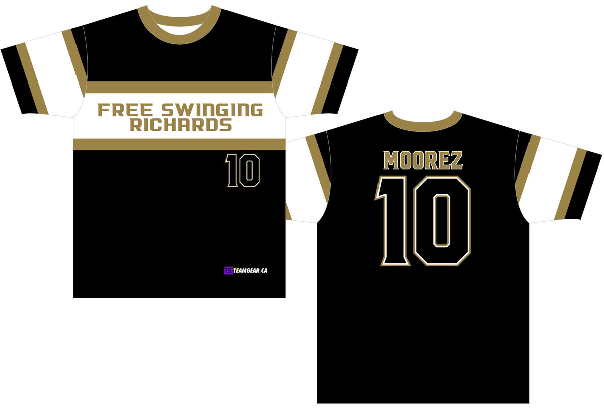 black and white Free Swinging Richards team softball jerseys with gold lines