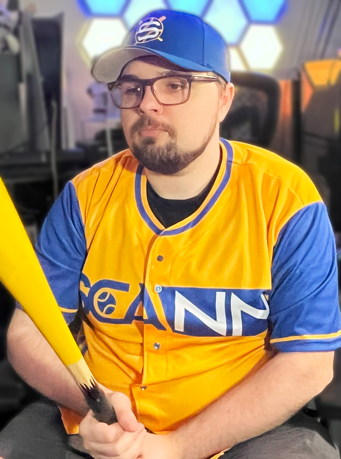 Scann Yellow & Royal Blue Home Jersey featured image with pencil baseball bat