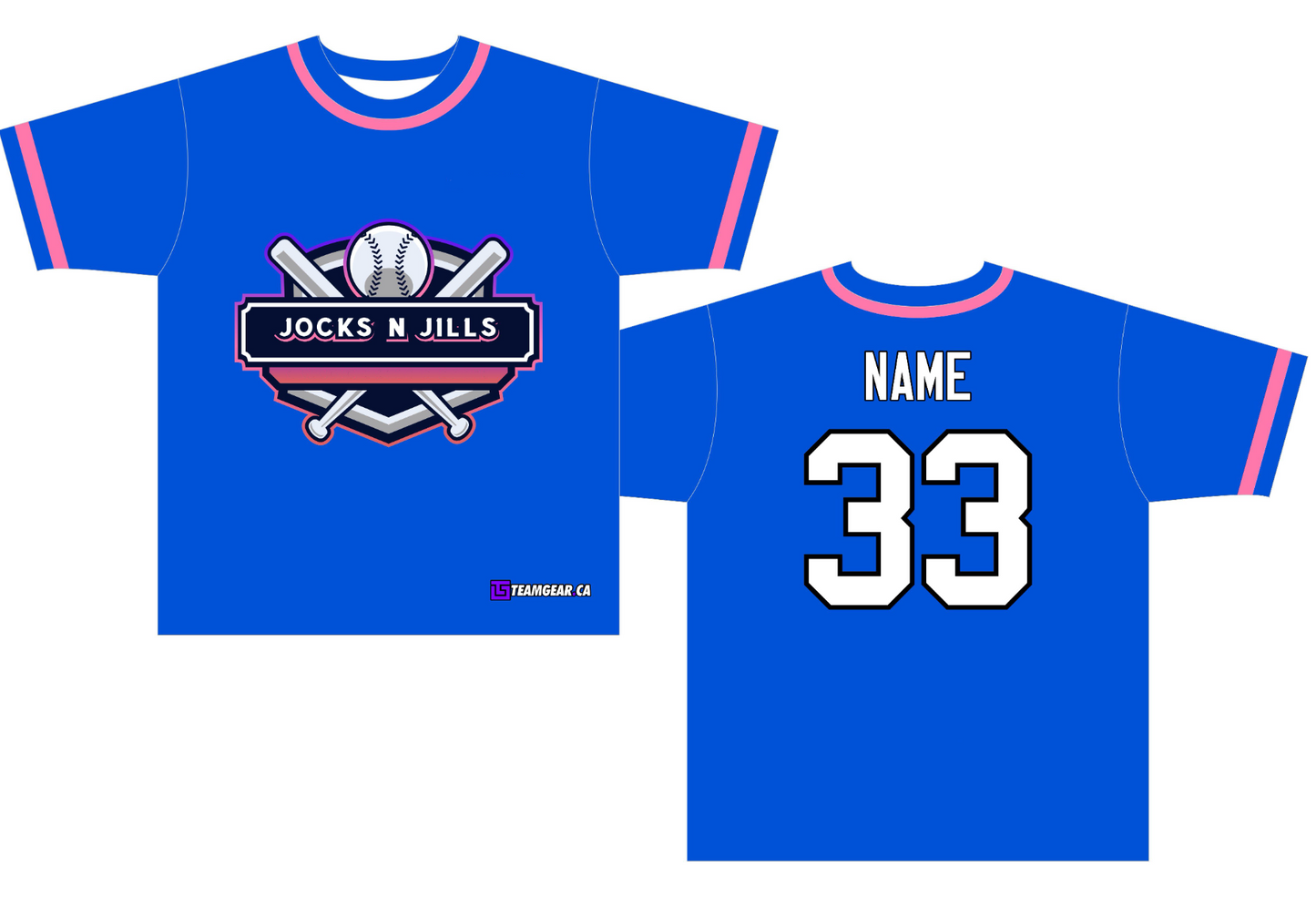 Jocks and Jills Blue Softball Jersey with team logo on the front