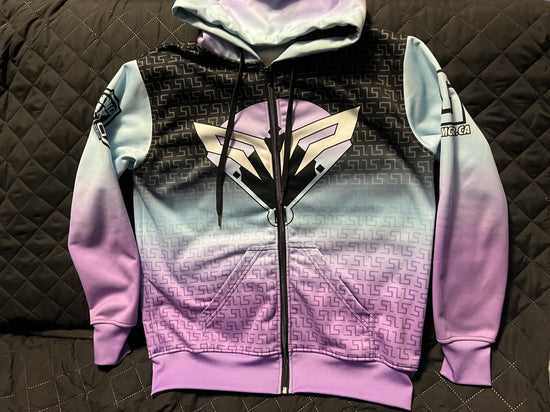 custom full zipper hoodie in ladies cut with gradient purple and blue designs, full sublimation printed in Canada