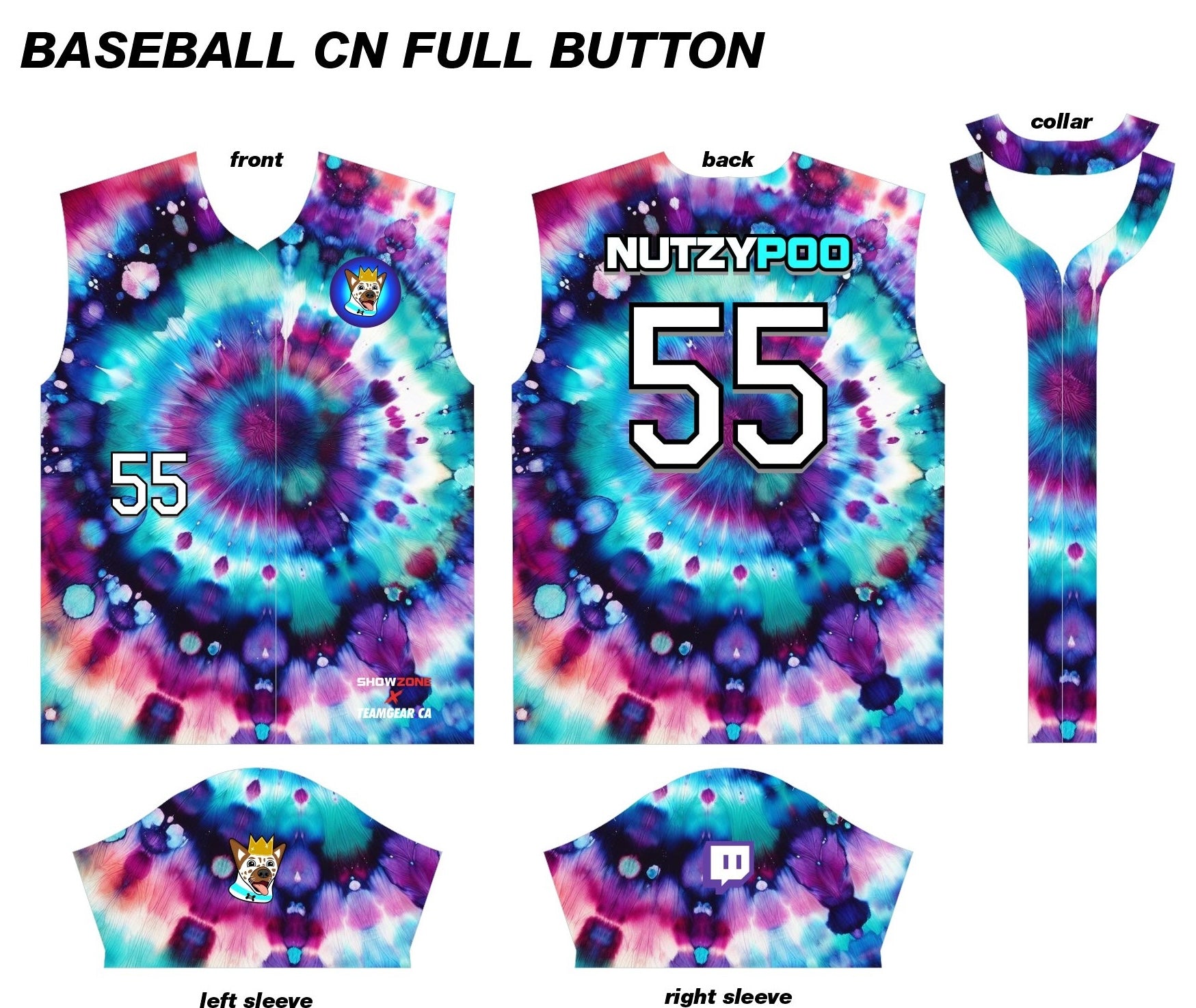 NutzyPoo Tie-Dye custom Jersey from ShowZone x TeamGear made in Canada with Dry-Fit fabric