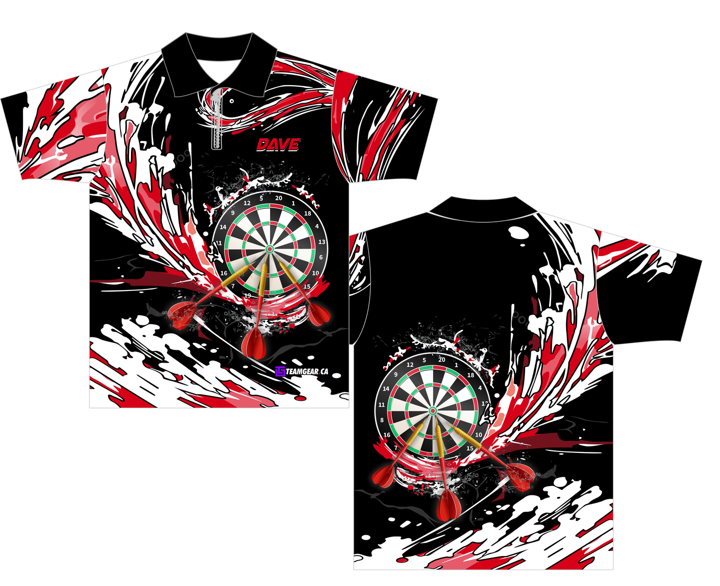 Red Competitive Darts Jersey with white paint design and dartboards