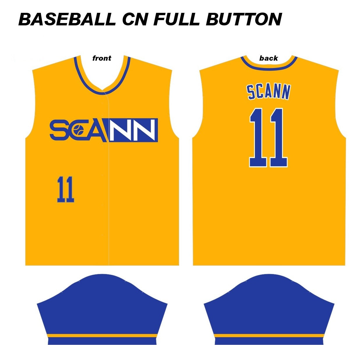 custom full button jersey panels in yellow and royal blue