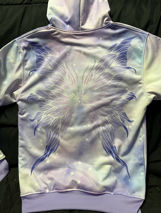 custom sweater with full sublimation gradient print on the back, fairy wings with sparkles