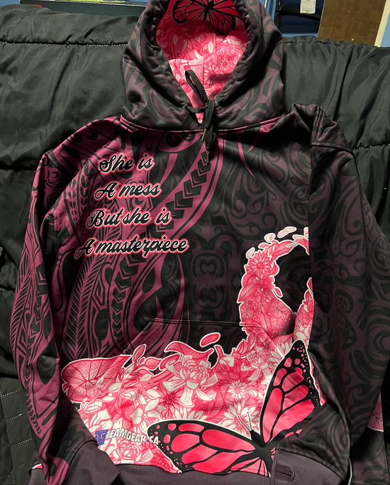 ladies custom sweater for breast cancer awareness with pink butterfly print and motivational quote