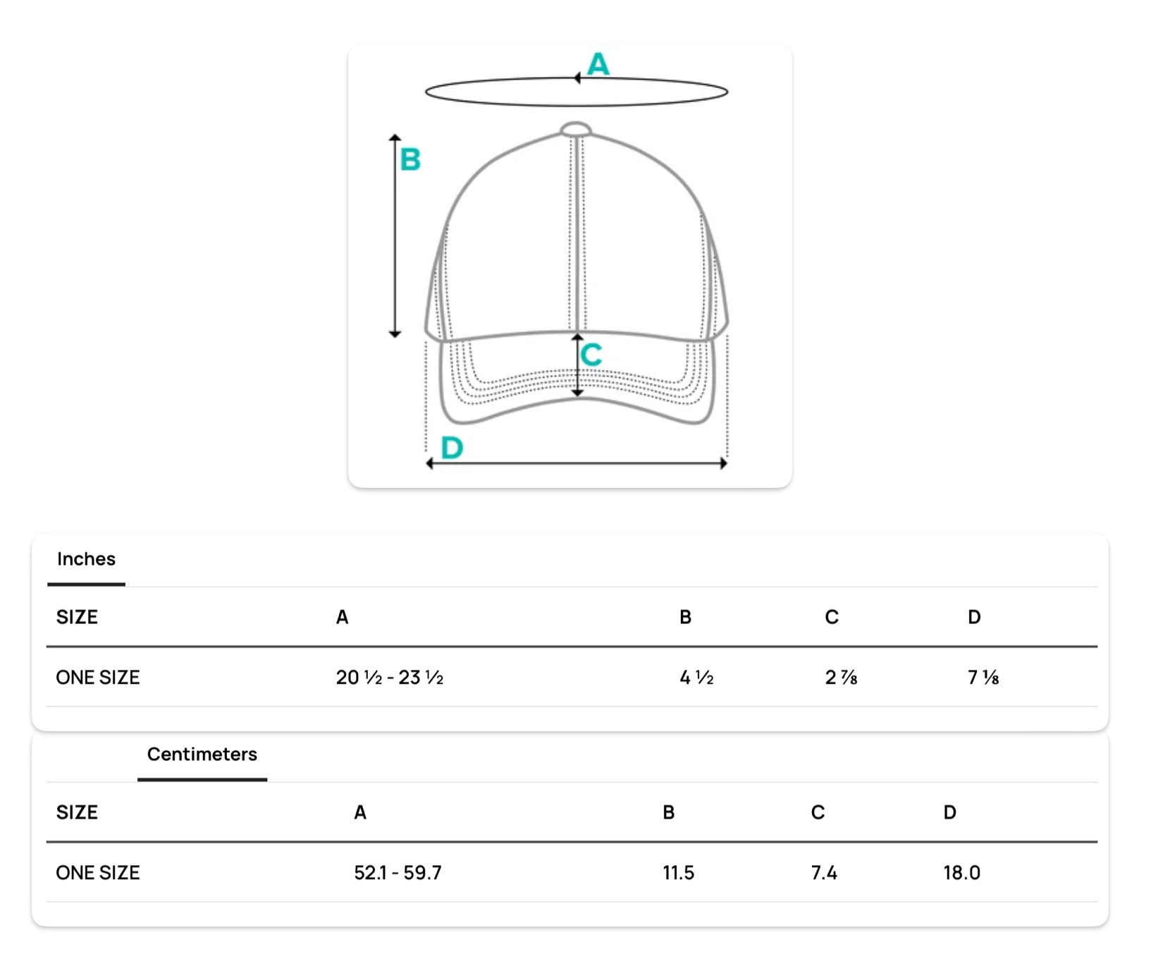 ShowZone baseball dad hat measurements size chart