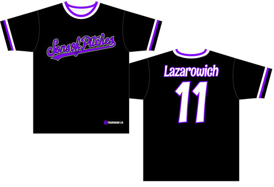 Sons of Pitches Black Softball Jersey with purple accents