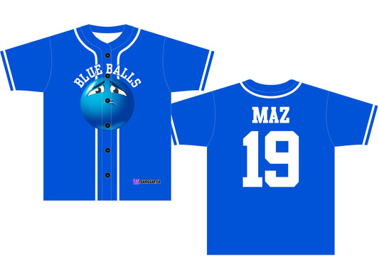 blue balls full button up baseball jersey with white accent stripes