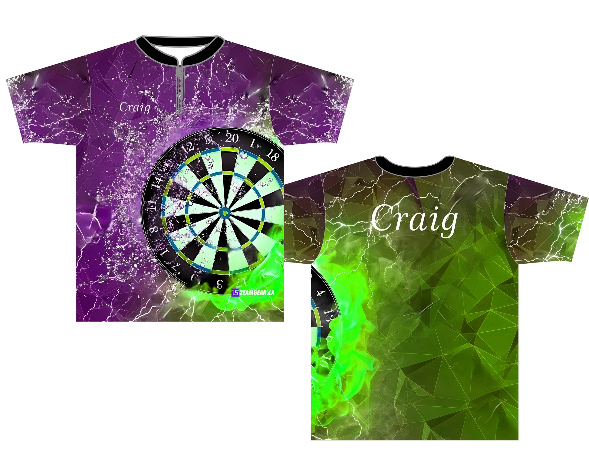 Purple and Green Competitive Darts Jersey with water splash design