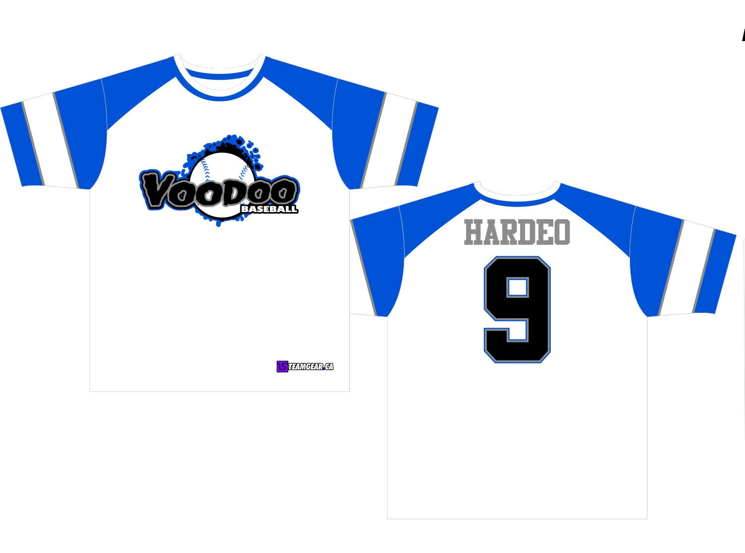 Voodoo Baseball Jersey with blue and white stripes