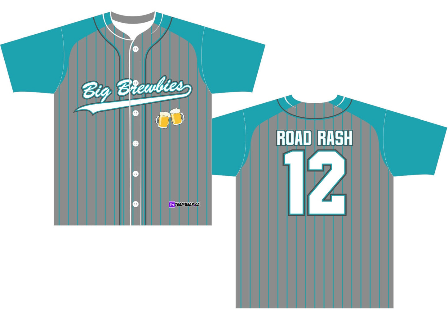 blue and grey Big Brewbies baseball jersey with buttons