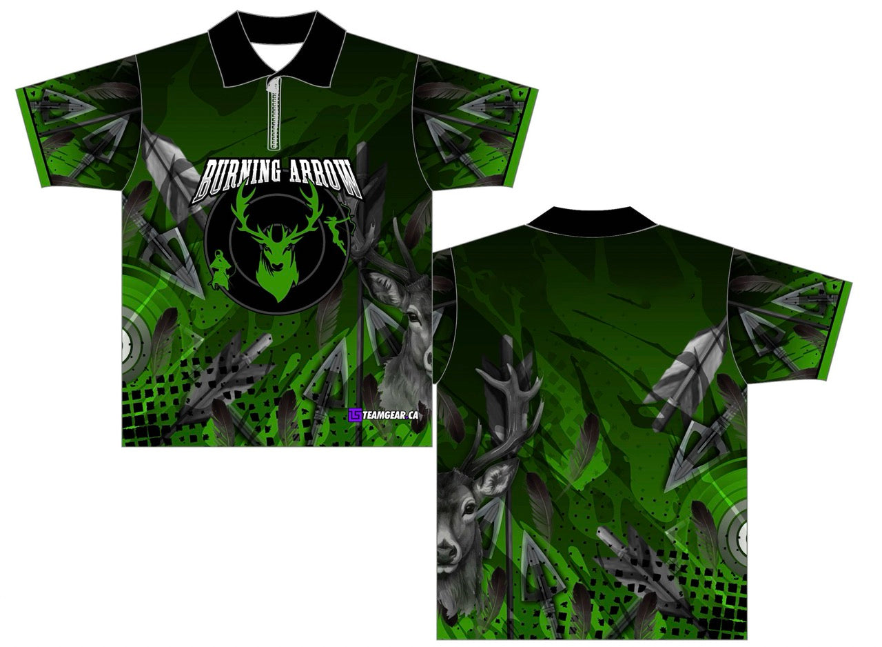 Burning Arrow Green Archery Jersey with a zipper neck