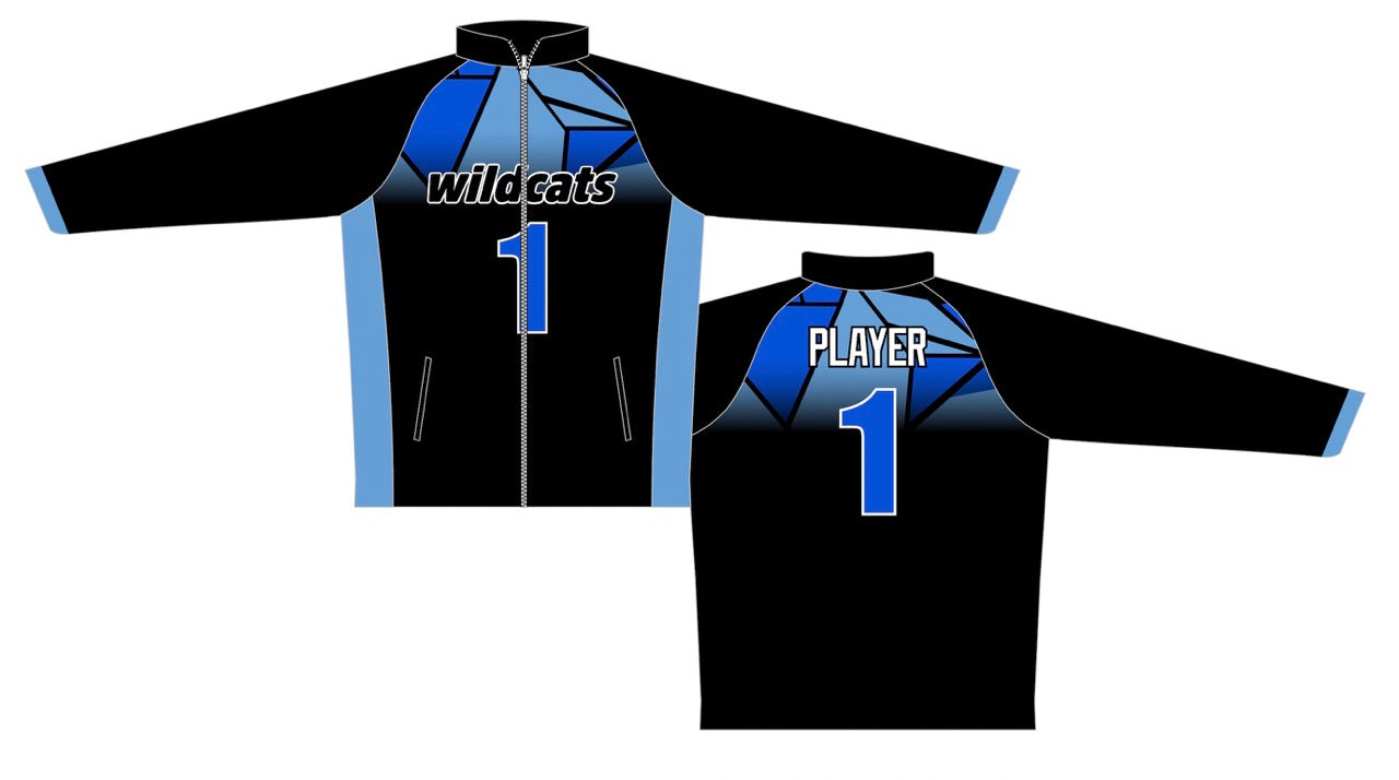 black and blue Wildcats curling jacket with a full zipper