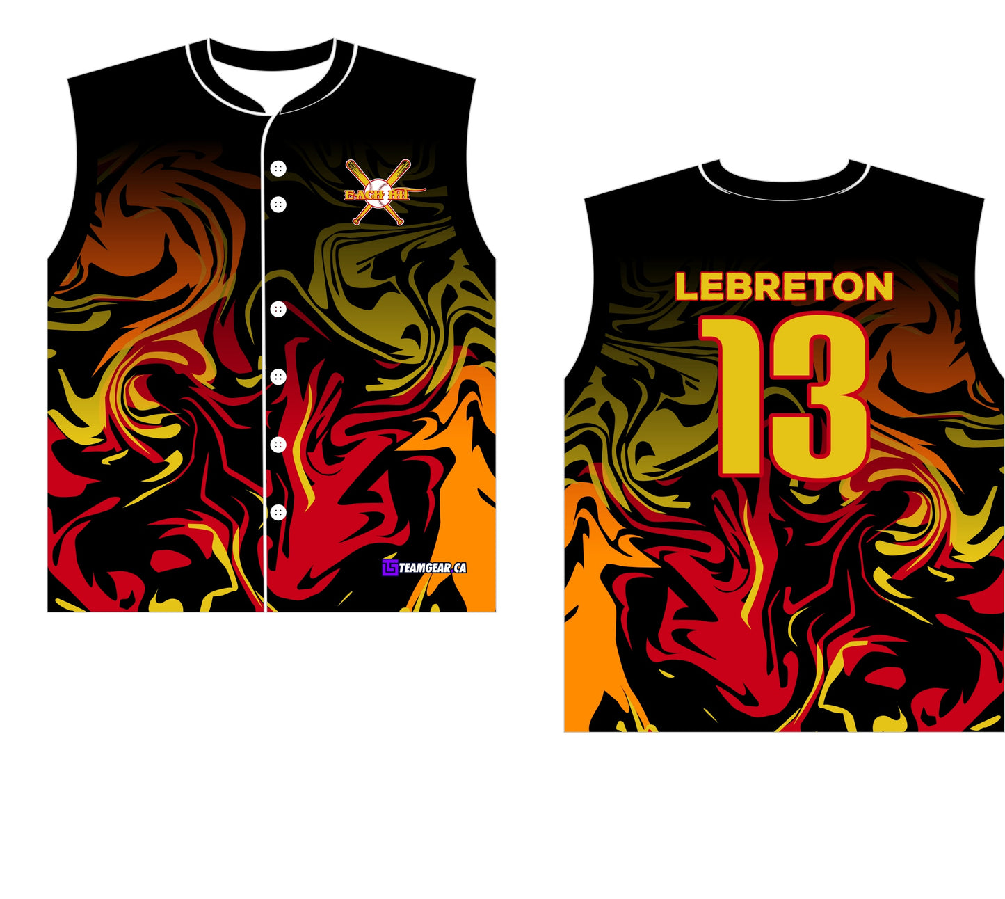 Each Hit Sleeveless Baseball Jersey with psychedelic red and orange print