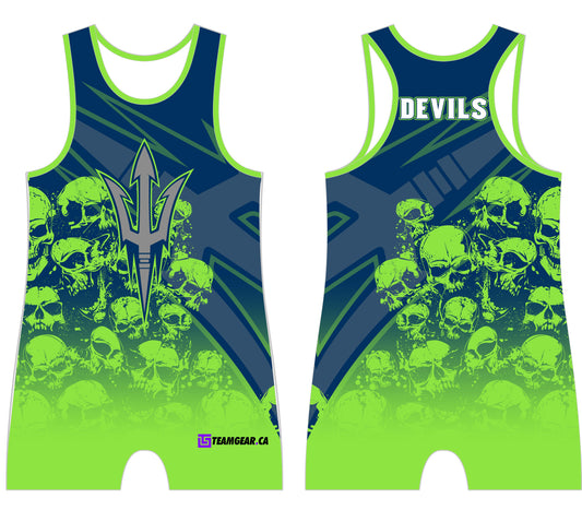 Green Devils Wrestling Singlet with skulls and trident design