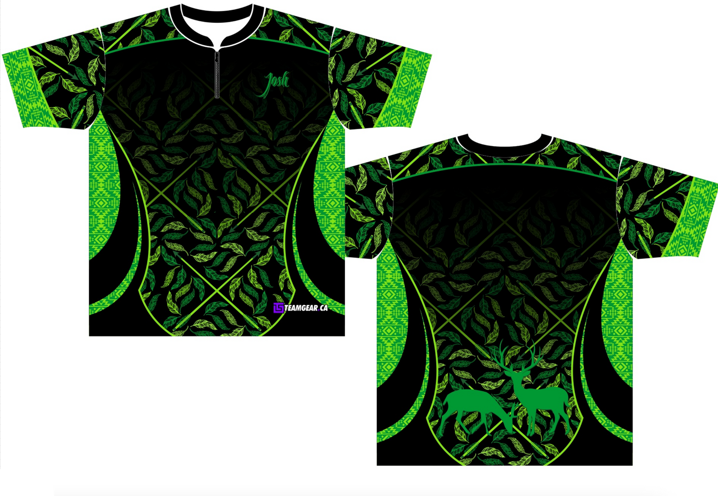 Green Deer Archery Jersey with zip neck and leaf print design