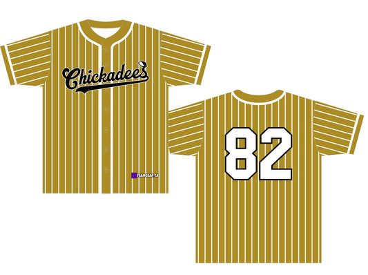 Chickadees yellow Baseball Jersey with white pinstripes for mens beer league teams