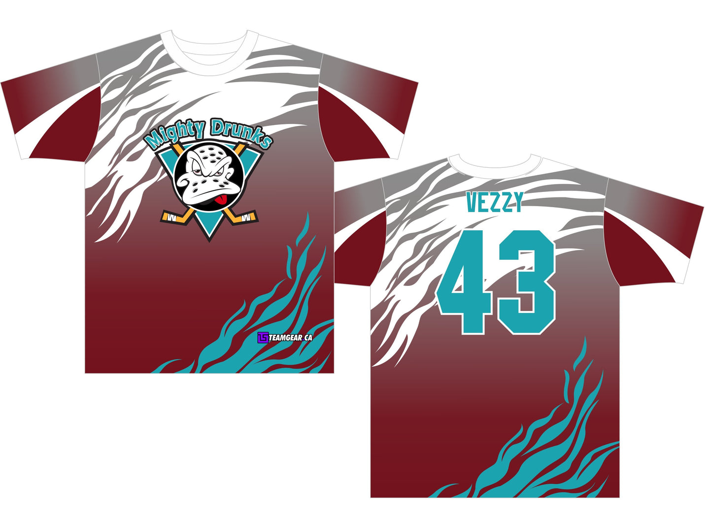 Mighty Drunks Floorball Jersey with maroon and teal colours