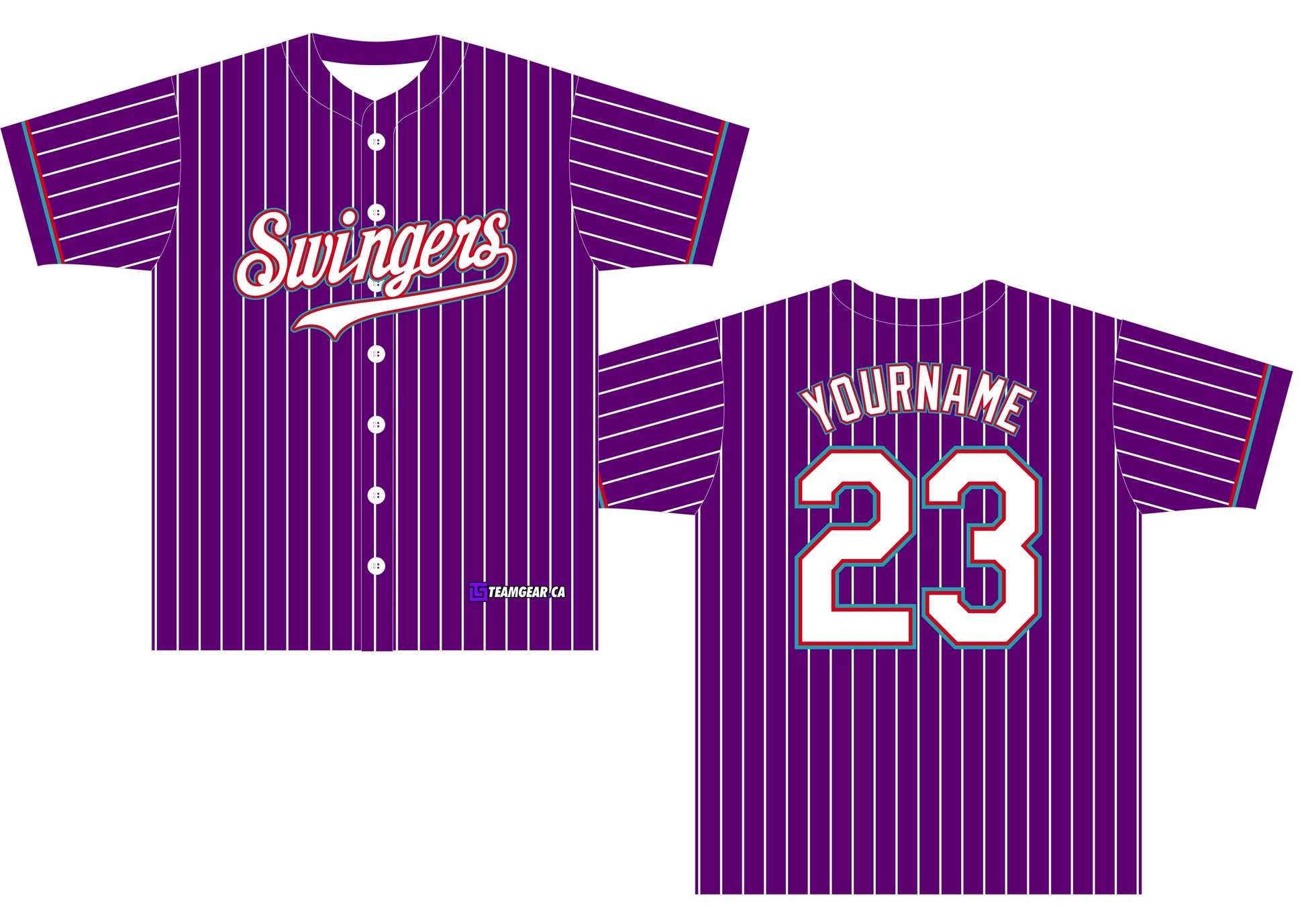 purple Swingers baseball jerseys with white pinstripes