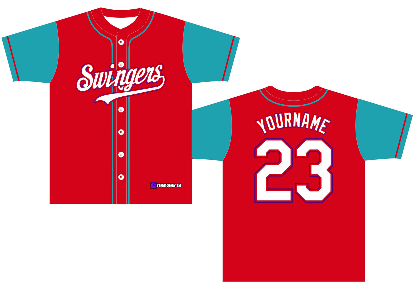 Swingers red baseball jerseys with teal sleeves