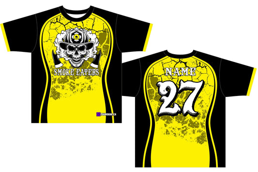 black and yellow Smoke Eaters softball jerseys with firefighter skull logo