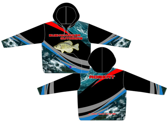 Bushwhacker Outdoors custom fishing hoodie with realistic water prints and fish on the front