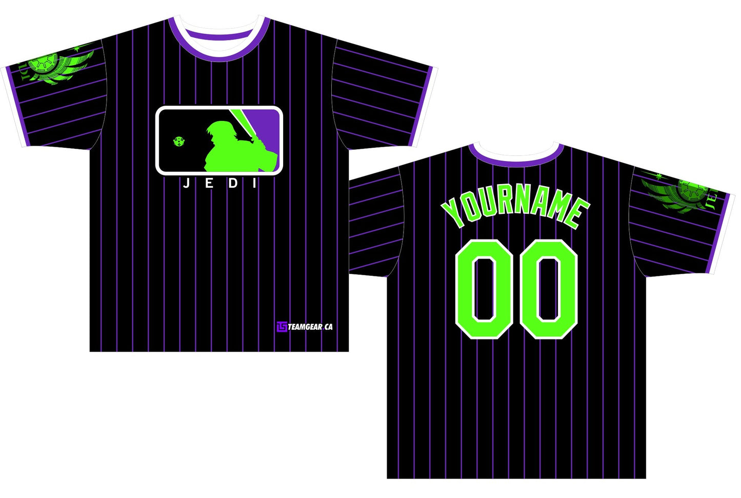 black and purple pinstripe baseball jersey with green numbers